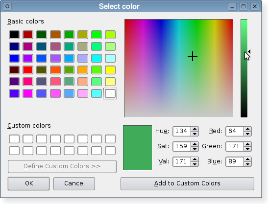 A color dialog in the Plastique widget style.